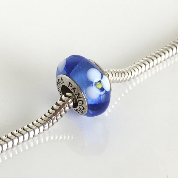 Pandora Blue White Floral Murano Glass Bead Charm .925 Sterling Silver - Picture 7 of 7